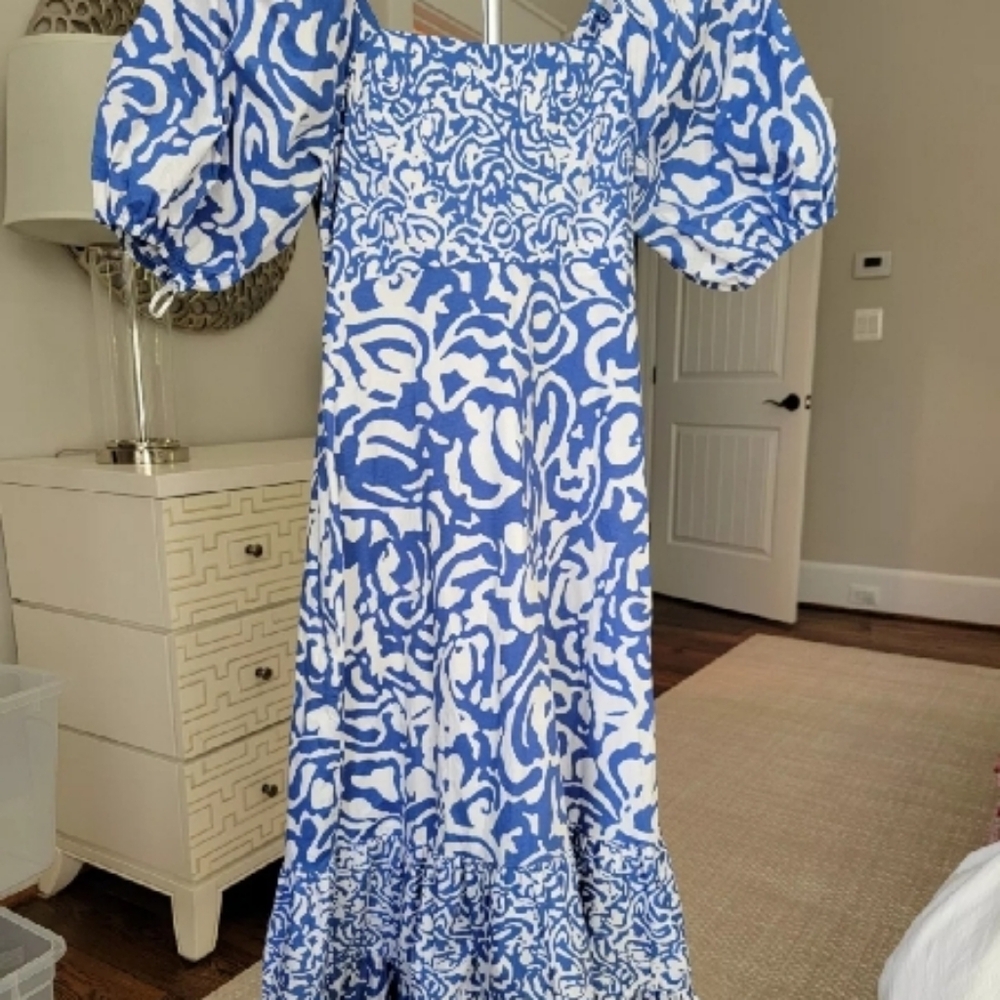 Tanya Taylor Blue and White Puff Sleeve Ruffled Midi Sundress